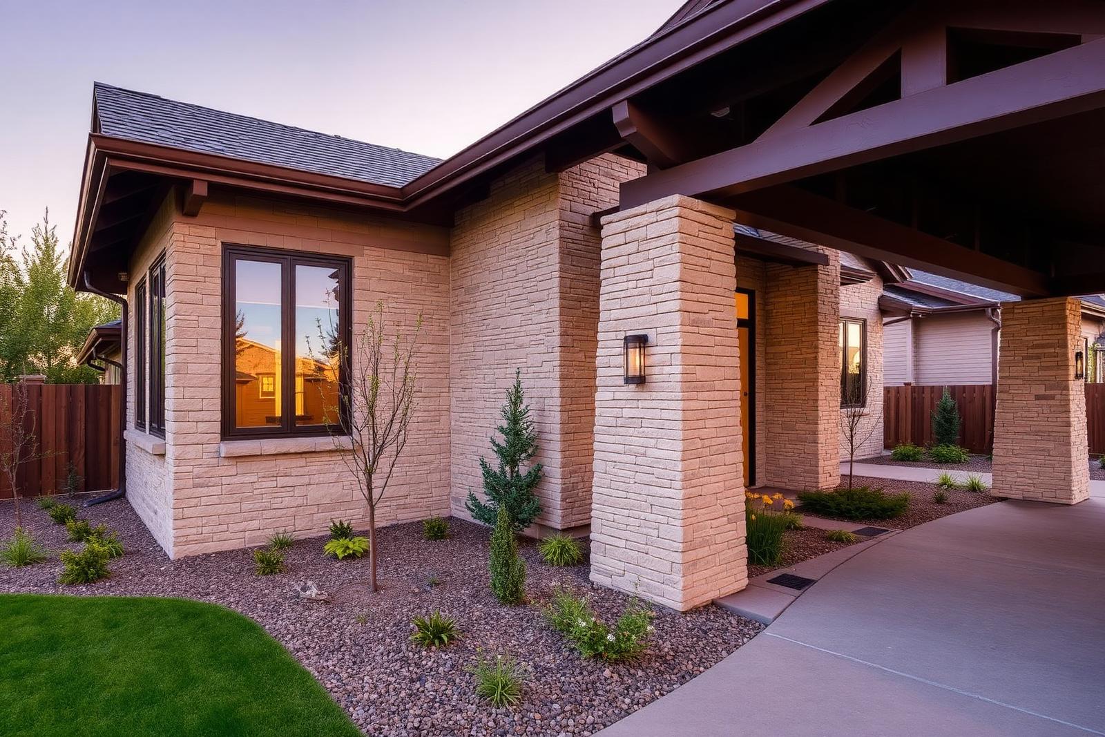 Craftsman home with new stone facade and covered entry at golden hour