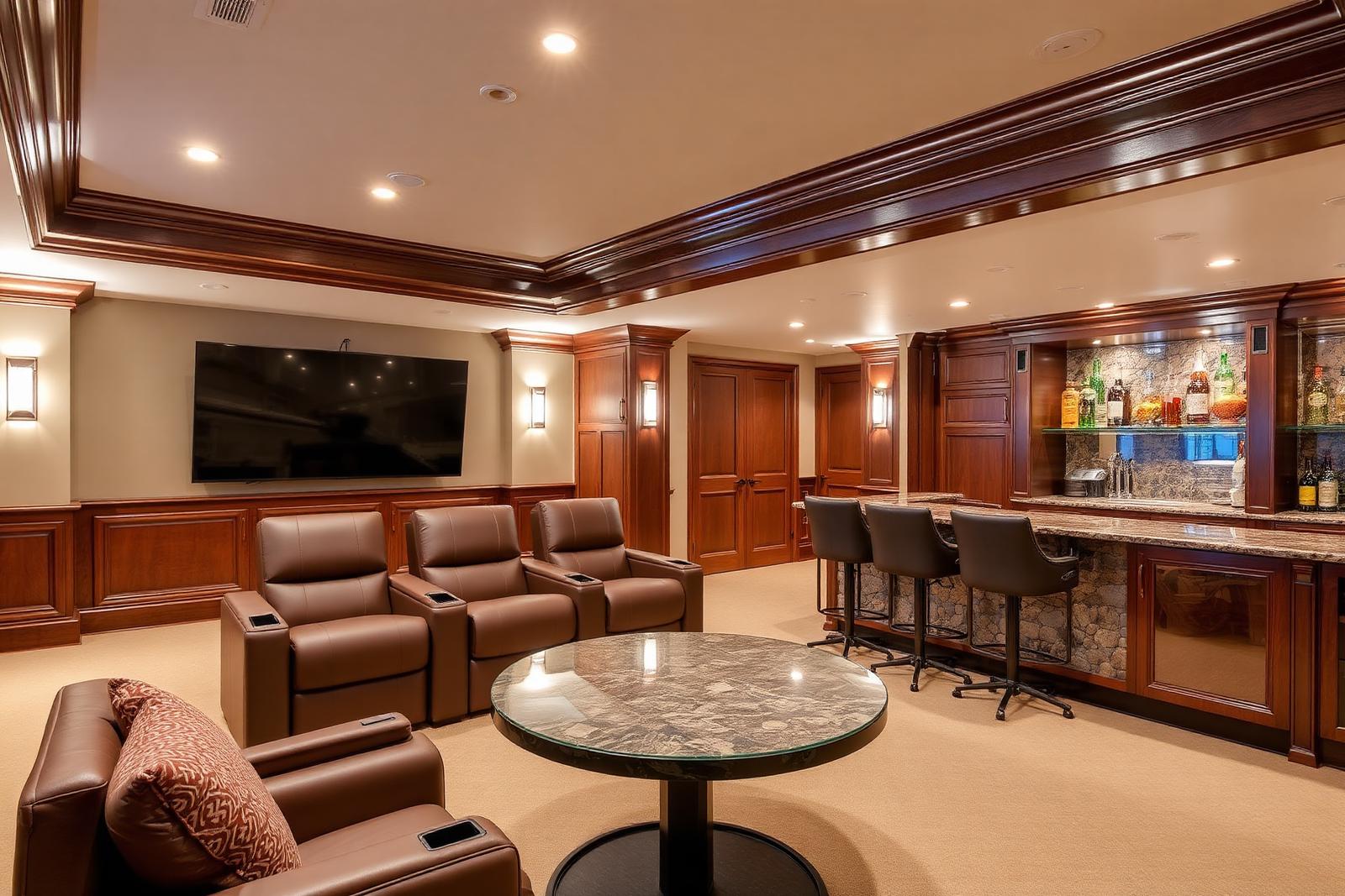 Finished lower level with theater seating and a stone-front wet bar