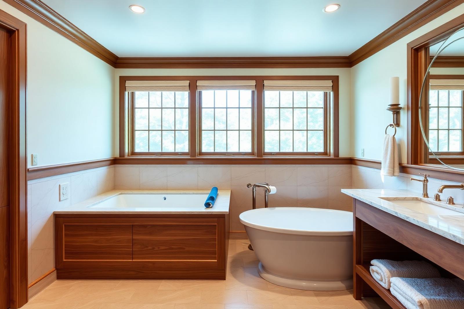 Primary bathroom with freestanding tub, marble surfaces, and copper fixtures
