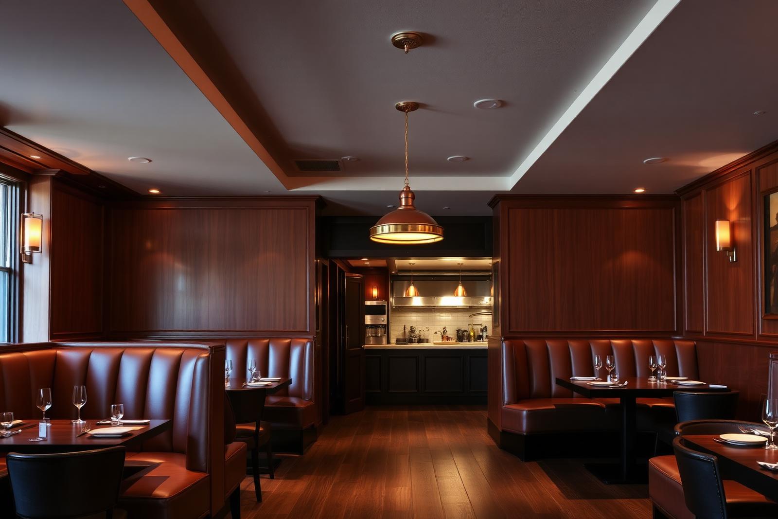 Warm restaurant dining room with leather booths and copper pendant lighting