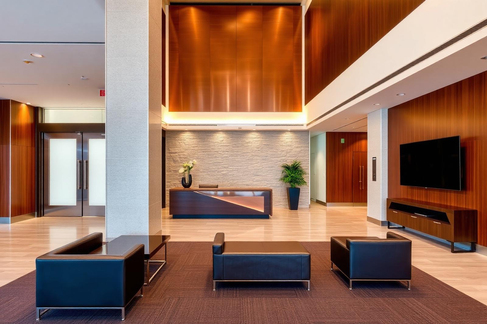 Modern commercial office lobby with copper and wood accents