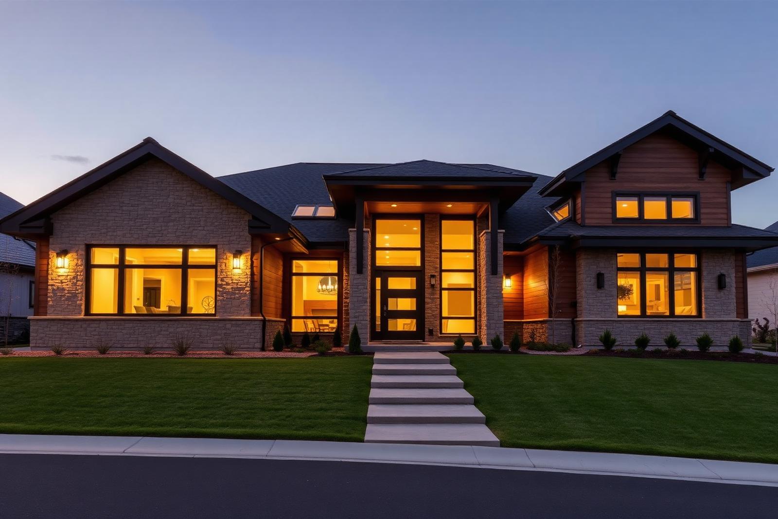 Custom modern luxury home exterior at dusk